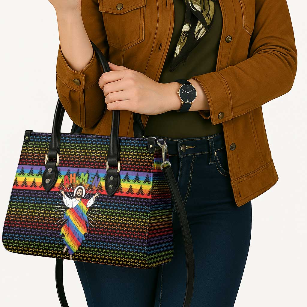 Rainbow Jesus Ah Men Christmas Leather Bag with Colorful Stripes and Holiday Pattern - Wonder Print Shop