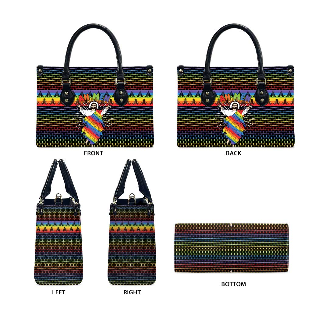 Rainbow Jesus Ah Men Christmas Leather Bag with Colorful Stripes and Holiday Pattern - Wonder Print Shop
