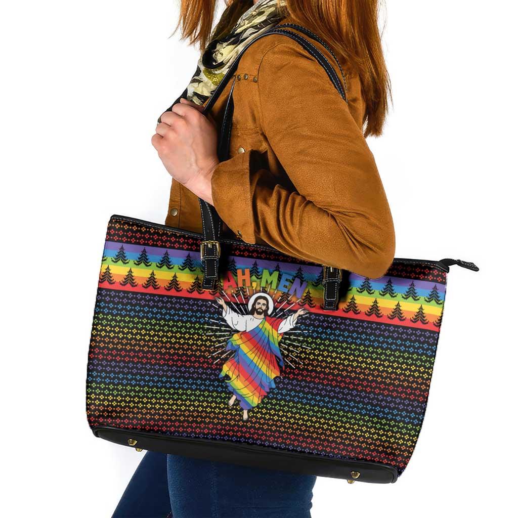 Rainbow Jesus Ah Men Christmas Leather Tote Bag with Colorful Stripes and Holiday Pattern - Wonder Print Shop