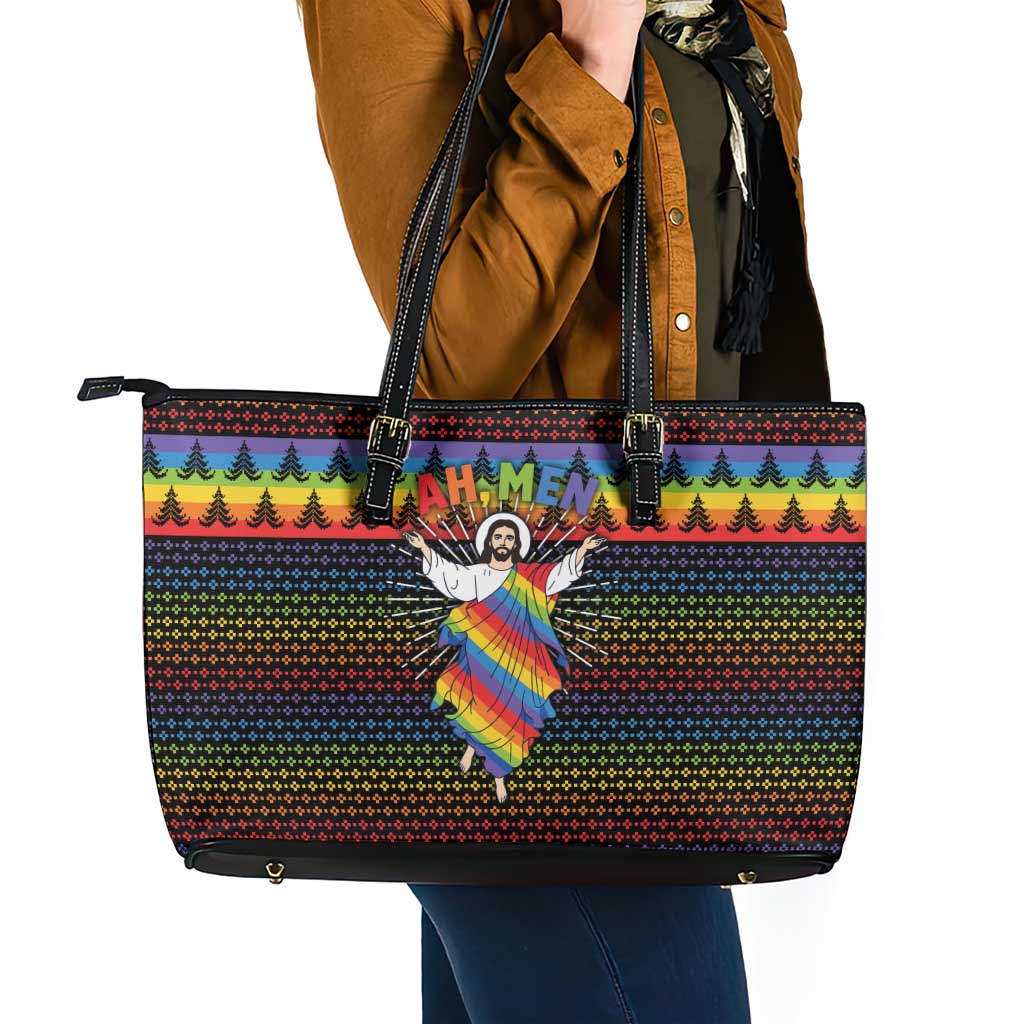 Rainbow Jesus Ah Men Christmas Leather Tote Bag with Colorful Stripes and Holiday Pattern - Wonder Print Shop