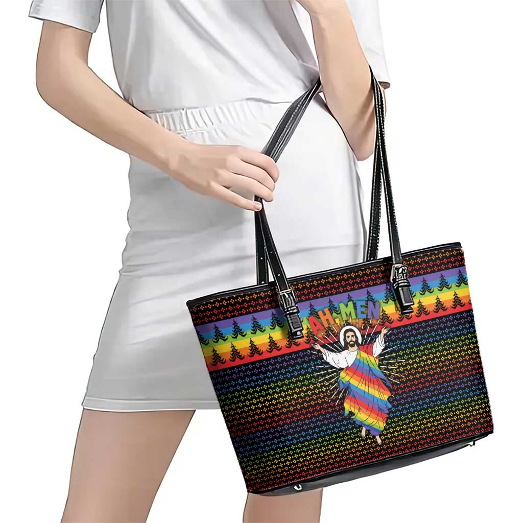 Rainbow Jesus Ah Men Christmas Leather Tote Bag with Colorful Stripes and Holiday Pattern - Wonder Print Shop
