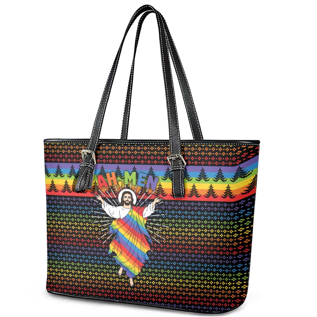 Rainbow Jesus Ah Men Christmas Leather Tote Bag with Colorful Stripes and Holiday Pattern - Wonder Print Shop