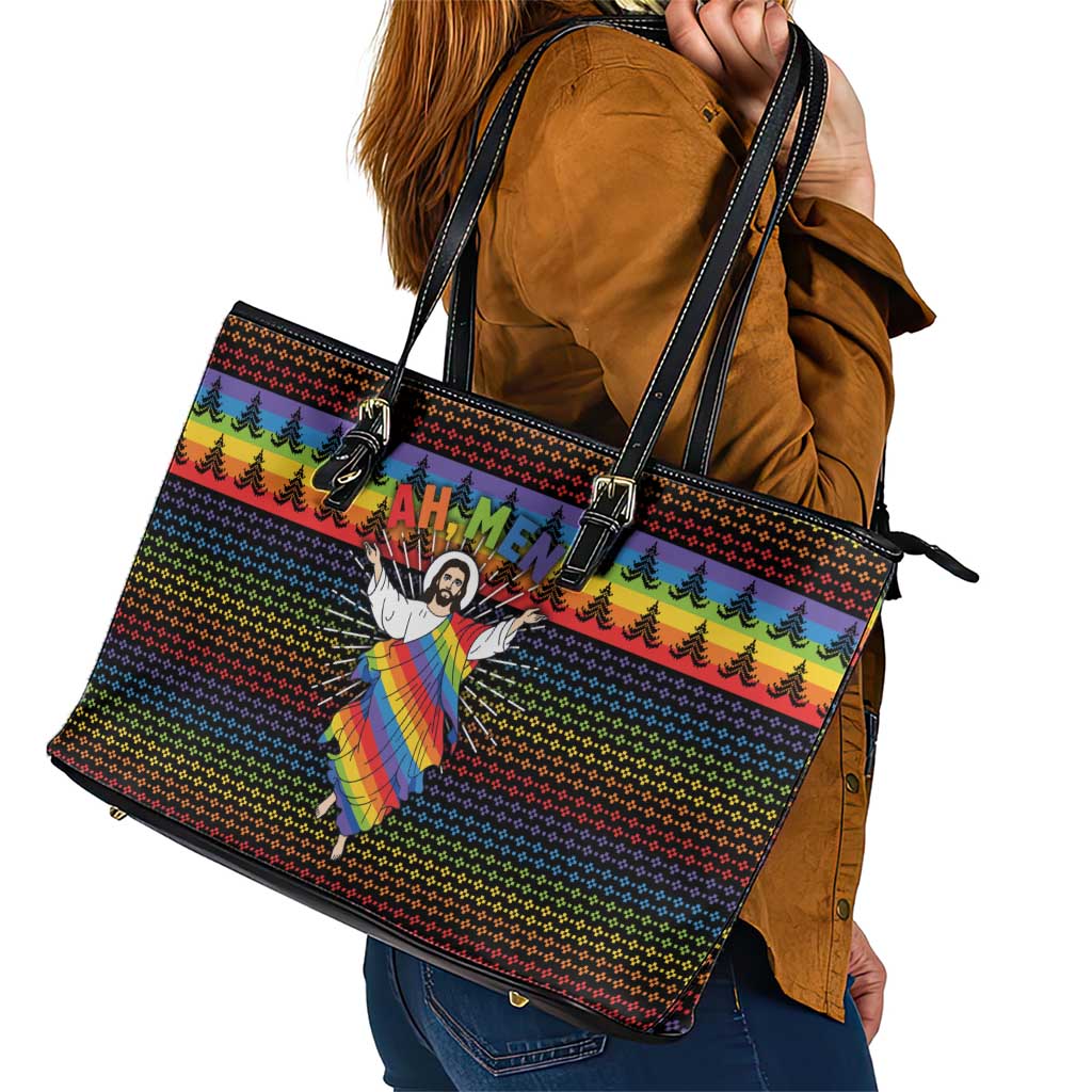 Rainbow Jesus Ah Men Christmas Leather Tote Bag with Colorful Stripes and Holiday Pattern - Wonder Print Shop