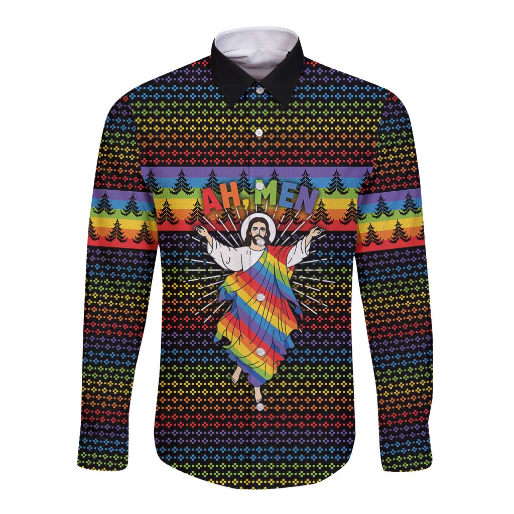 Rainbow Jesus Ah Men Christmas Long Sleeve Button Shirt with Colorful Stripes and Holiday Pattern - Wonder Print Shop