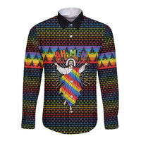Rainbow Jesus Ah Men Christmas Long Sleeve Button Shirt with Colorful Stripes and Holiday Pattern - Wonder Print Shop