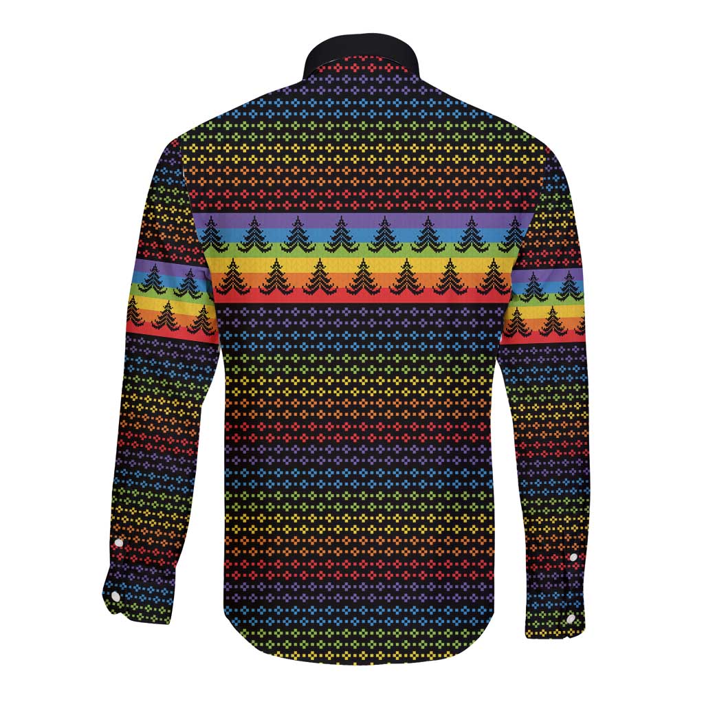 Rainbow Jesus Ah Men Christmas Long Sleeve Button Shirt with Colorful Stripes and Holiday Pattern - Wonder Print Shop