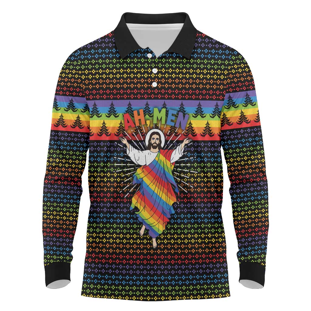 Rainbow Jesus Ah Men Christmas Long Sleeve Polo Shirt with Colorful Stripes and Holiday Pattern - Wonder Print Shop