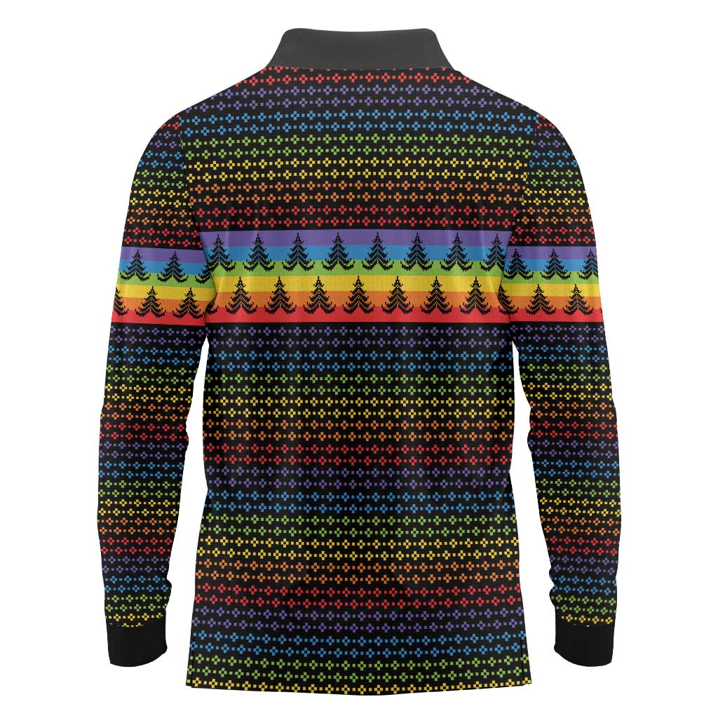 Rainbow Jesus Ah Men Christmas Long Sleeve Polo Shirt with Colorful Stripes and Holiday Pattern - Wonder Print Shop