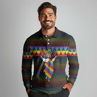 Rainbow Jesus Ah Men Christmas Long Sleeve Polo Shirt with Colorful Stripes and Holiday Pattern - Wonder Print Shop