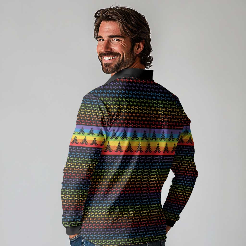 Rainbow Jesus Ah Men Christmas Long Sleeve Polo Shirt with Colorful Stripes and Holiday Pattern - Wonder Print Shop