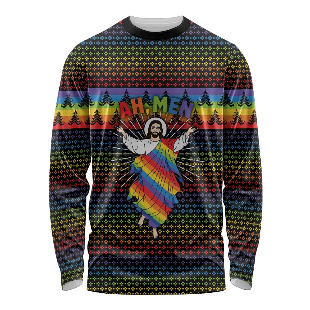 Rainbow Jesus Ah Men Christmas Long Sleeve Shirt with Colorful Stripes and Holiday Pattern - Wonder Print Shop