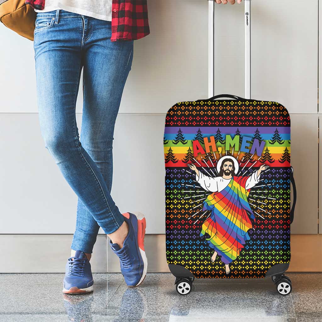 Rainbow Jesus Ah Men Christmas Luggage Cover with Colorful Stripes and Holiday Pattern - Wonder Print Shop