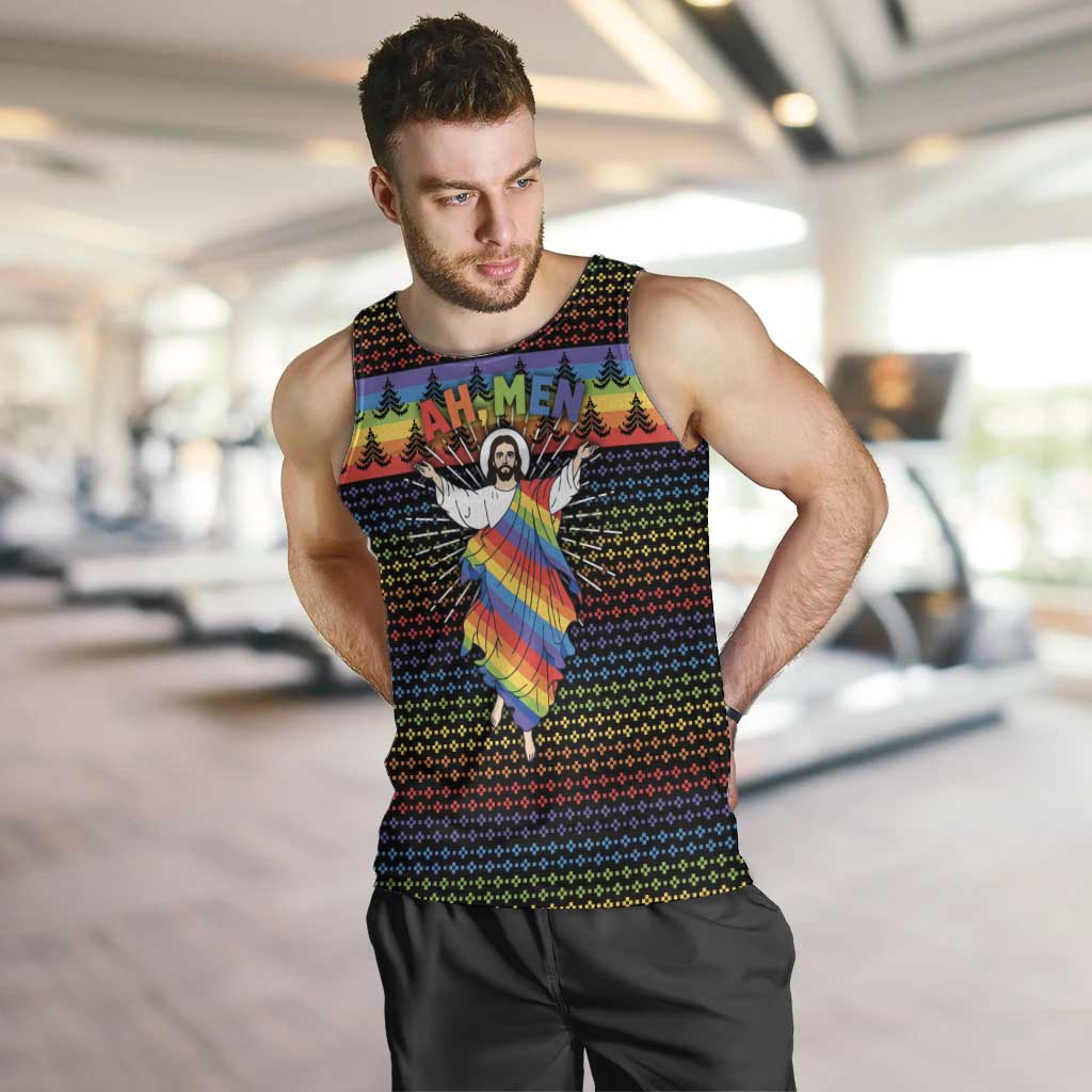 Rainbow Jesus Ah Men Christmas Men Tank Top with Colorful Stripes and Holiday Pattern - Wonder Print Shop