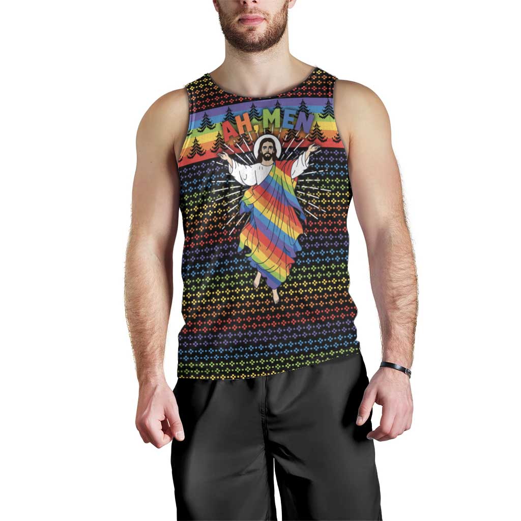 Rainbow Jesus Ah Men Christmas Men Tank Top with Colorful Stripes and Holiday Pattern - Wonder Print Shop
