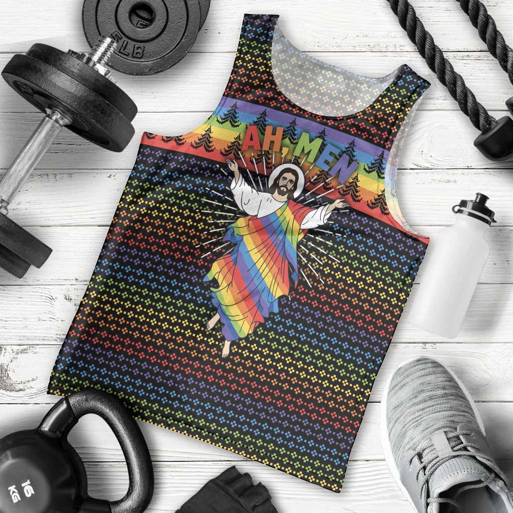 Rainbow Jesus Ah Men Christmas Men Tank Top with Colorful Stripes and Holiday Pattern - Wonder Print Shop