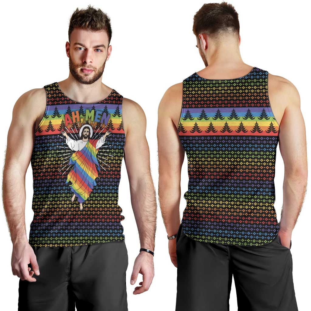 Rainbow Jesus Ah Men Christmas Men Tank Top with Colorful Stripes and Holiday Pattern - Wonder Print Shop