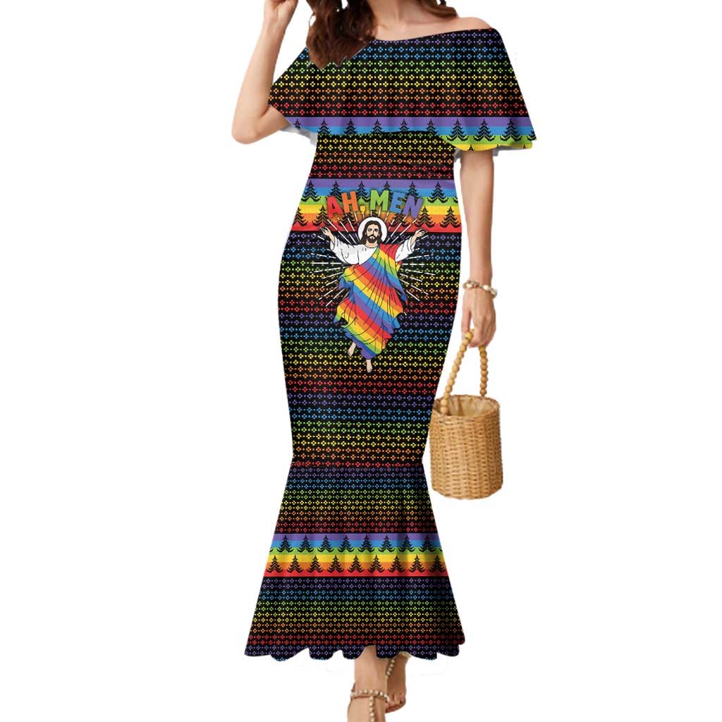 Rainbow Jesus Ah Men Christmas Mermaid Dress with Colorful Stripes and Holiday Pattern - Wonder Print Shop