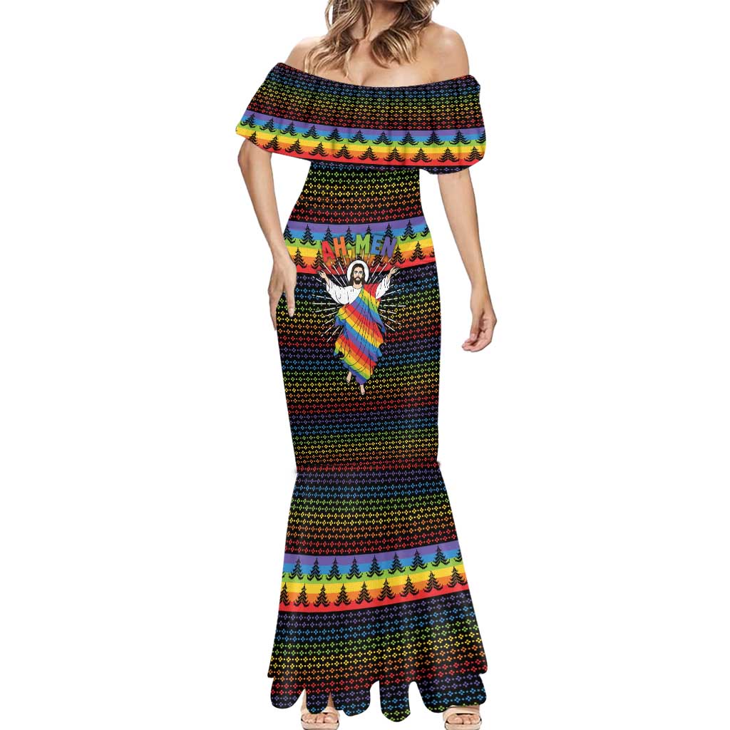Rainbow Jesus Ah Men Christmas Mermaid Dress with Colorful Stripes and Holiday Pattern - Wonder Print Shop
