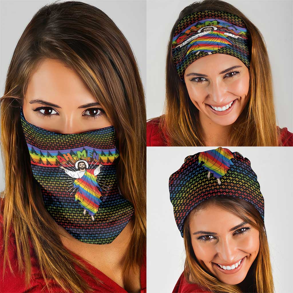 Rainbow Jesus Ah Men Christmas Neck Gaiter with Colorful Stripes and Holiday Pattern - Wonder Print Shop