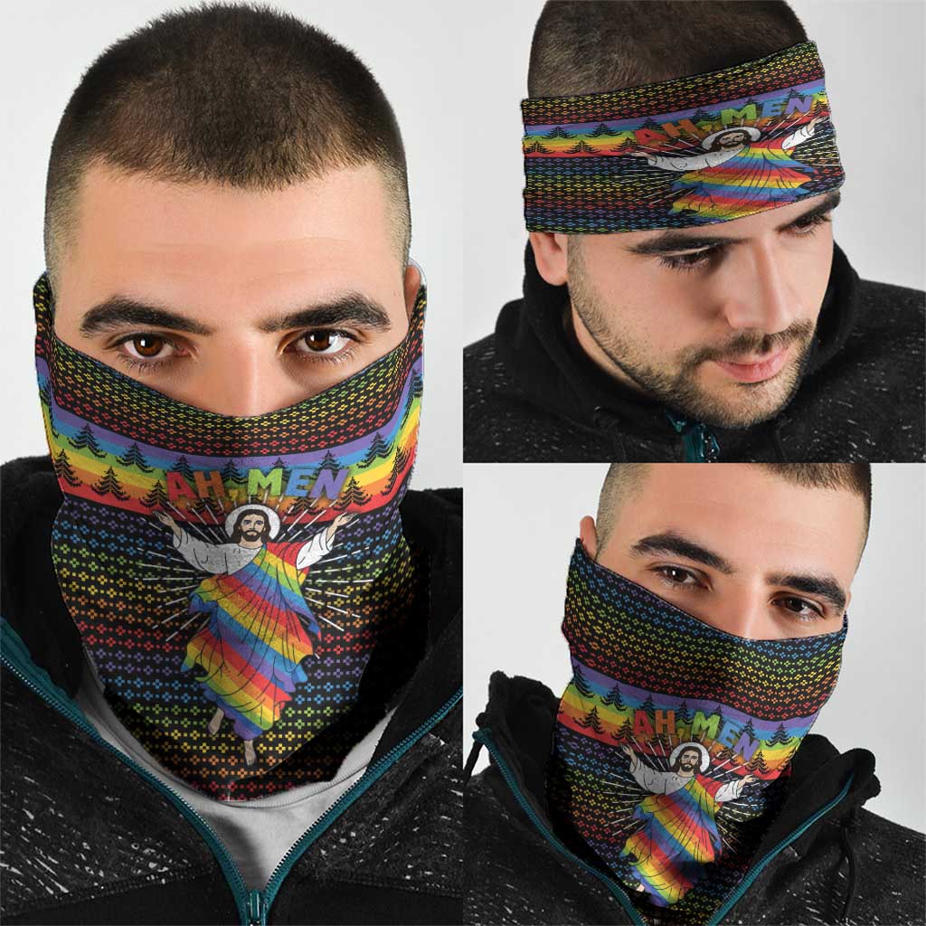 Rainbow Jesus Ah Men Christmas Neck Gaiter with Colorful Stripes and Holiday Pattern - Wonder Print Shop