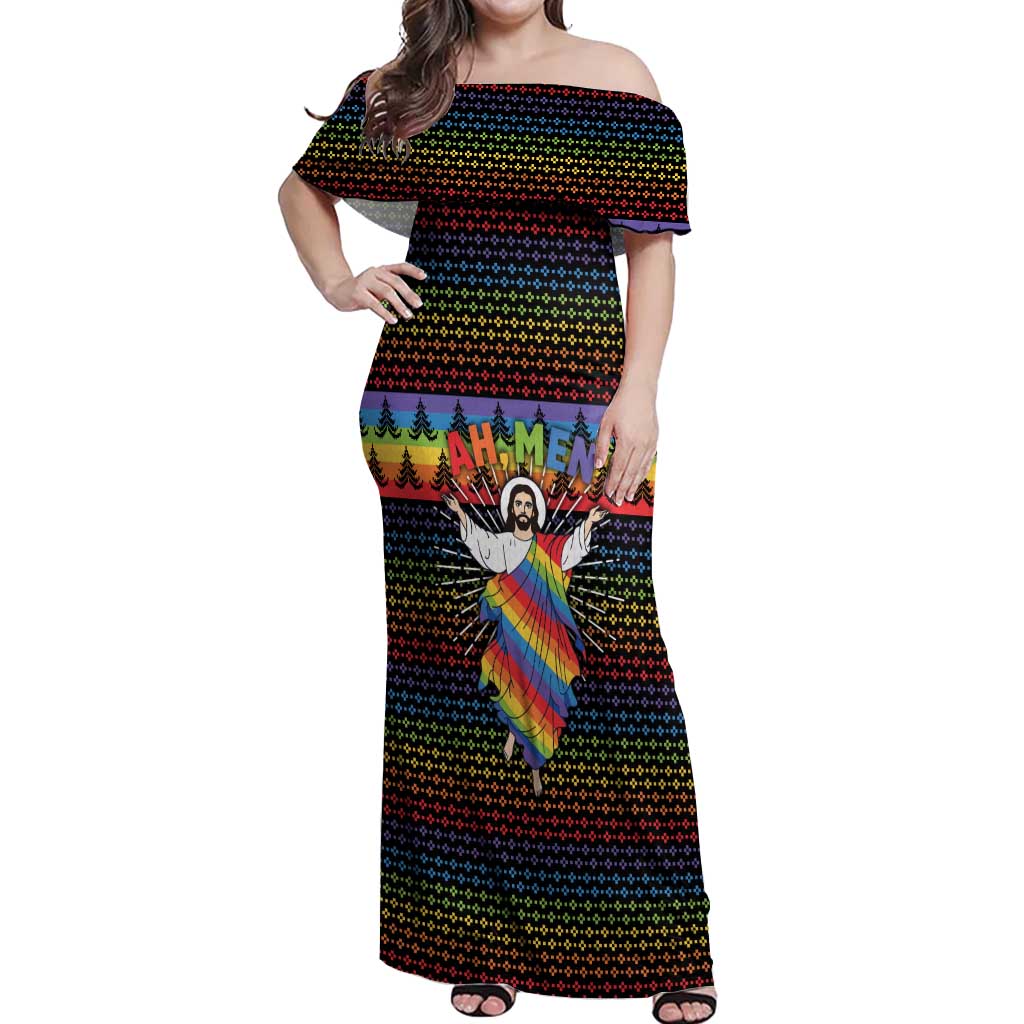 Rainbow Jesus Ah Men Christmas Off Shoulder Maxi Dress with Colorful Stripes and Holiday Pattern - Wonder Print Shop