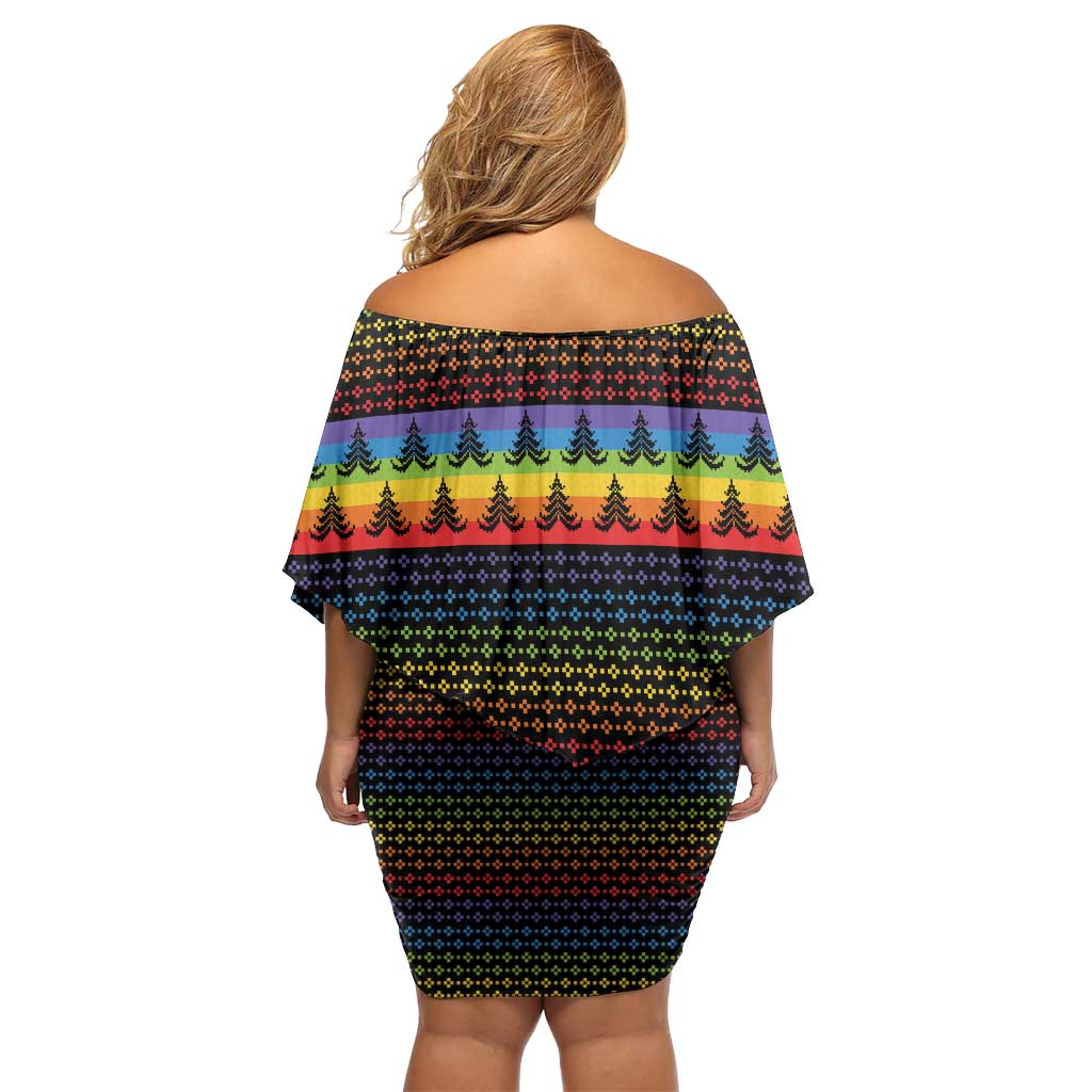 Rainbow Jesus Ah Men Christmas Off Shoulder Short Dress with Colorful Stripes and Holiday Pattern - Wonder Print Shop