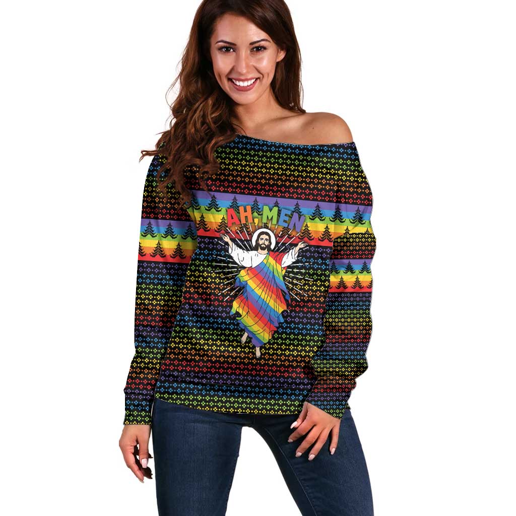Rainbow Jesus Ah Men Christmas Off Shoulder Sweater with Colorful Stripes and Holiday Pattern - Wonder Print Shop