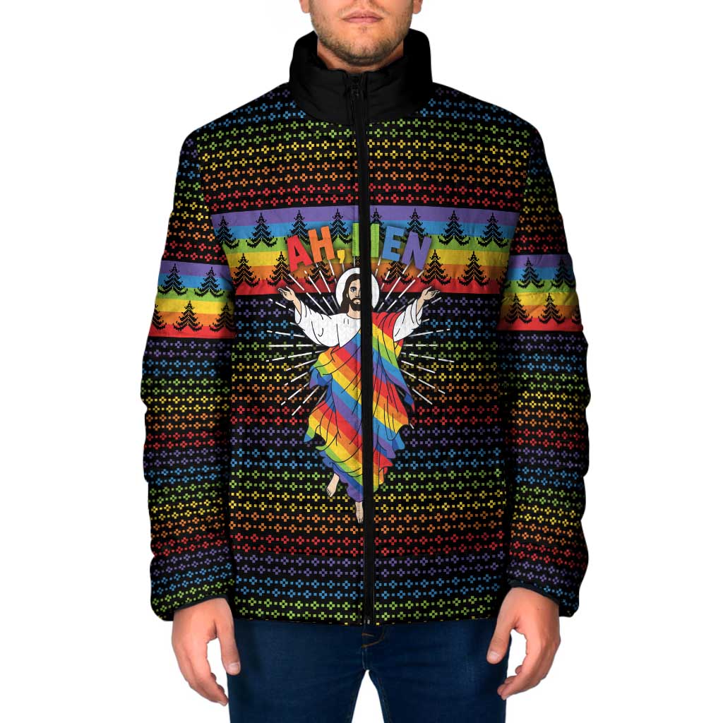 Rainbow Jesus Ah Men Christmas Padded Jacket with Colorful Stripes and Holiday Pattern - Wonder Print Shop