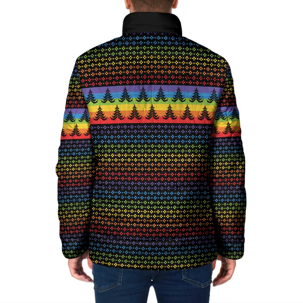 Rainbow Jesus Ah Men Christmas Padded Jacket with Colorful Stripes and Holiday Pattern - Wonder Print Shop