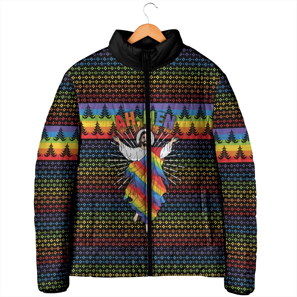 Rainbow Jesus Ah Men Christmas Padded Jacket with Colorful Stripes and Holiday Pattern - Wonder Print Shop