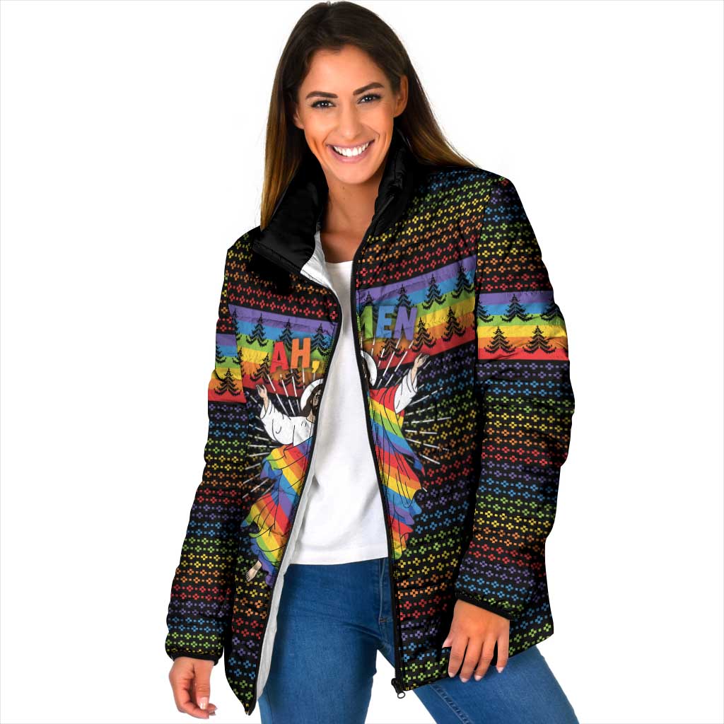 Rainbow Jesus Ah Men Christmas Padded Jacket with Colorful Stripes and Holiday Pattern - Wonder Print Shop