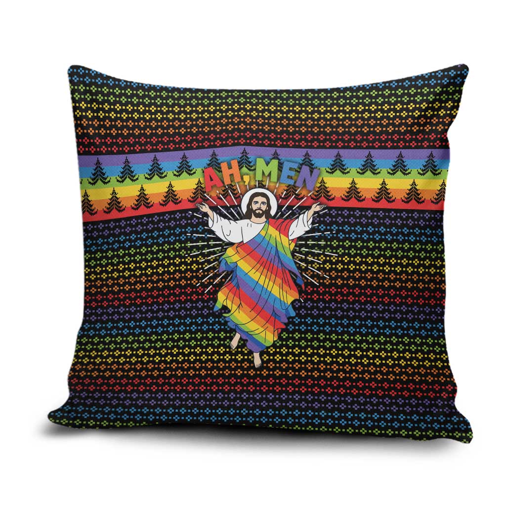 Rainbow Jesus Ah Men Christmas Pillow Cover with Colorful Stripes and Holiday Pattern - Wonder Print Shop
