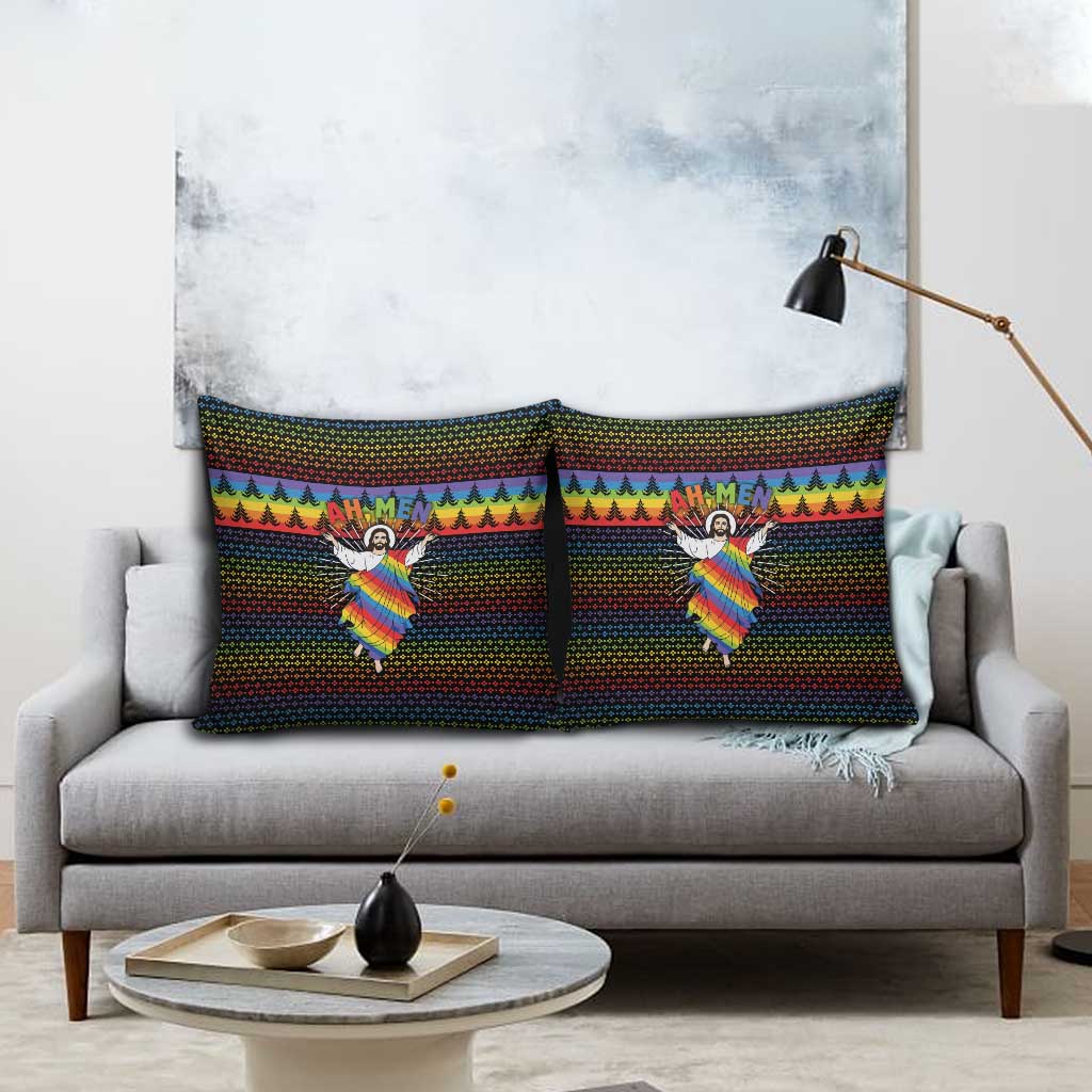 Rainbow Jesus Ah Men Christmas Pillow Cover with Colorful Stripes and Holiday Pattern - Wonder Print Shop