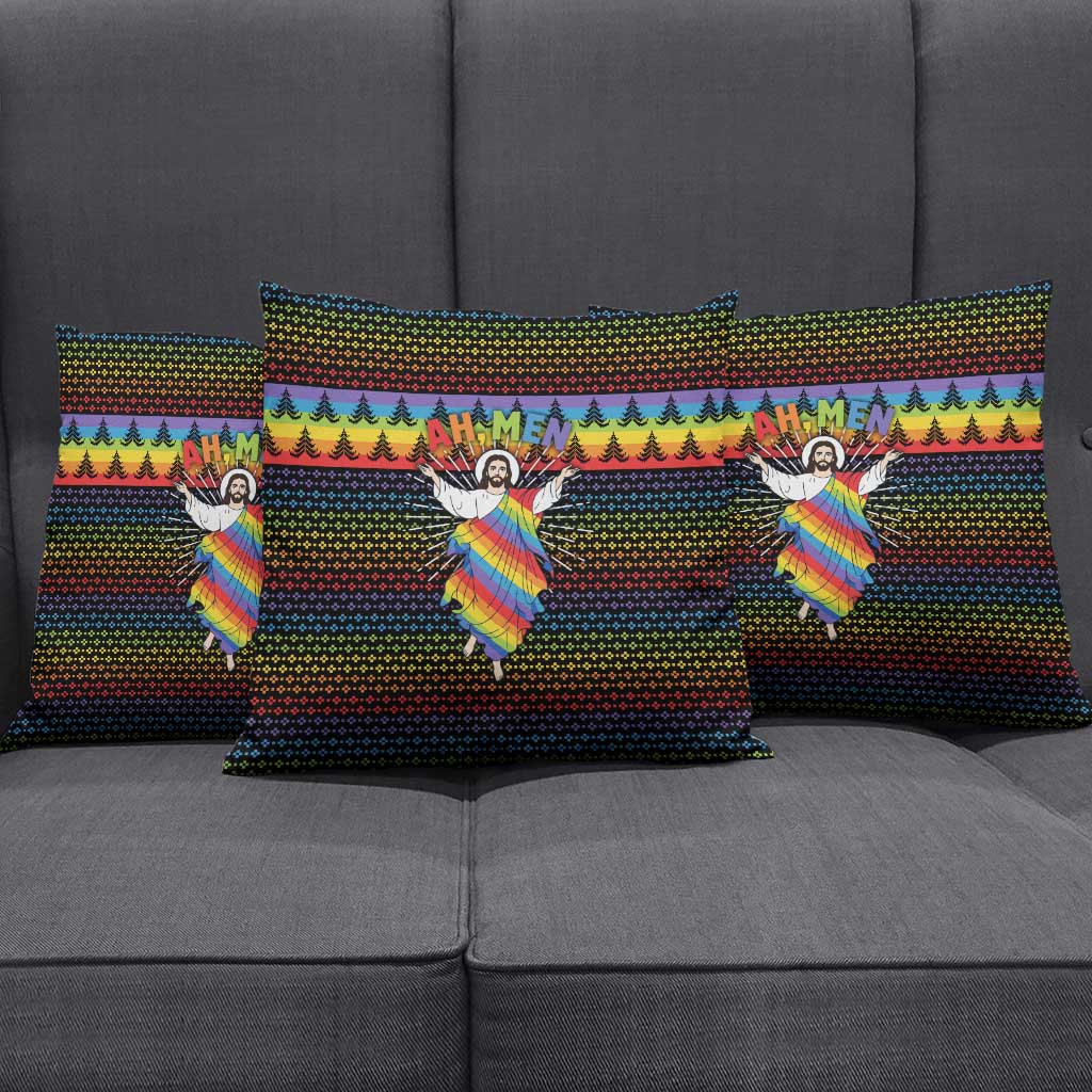 Rainbow Jesus Ah Men Christmas Pillow Cover with Colorful Stripes and Holiday Pattern - Wonder Print Shop