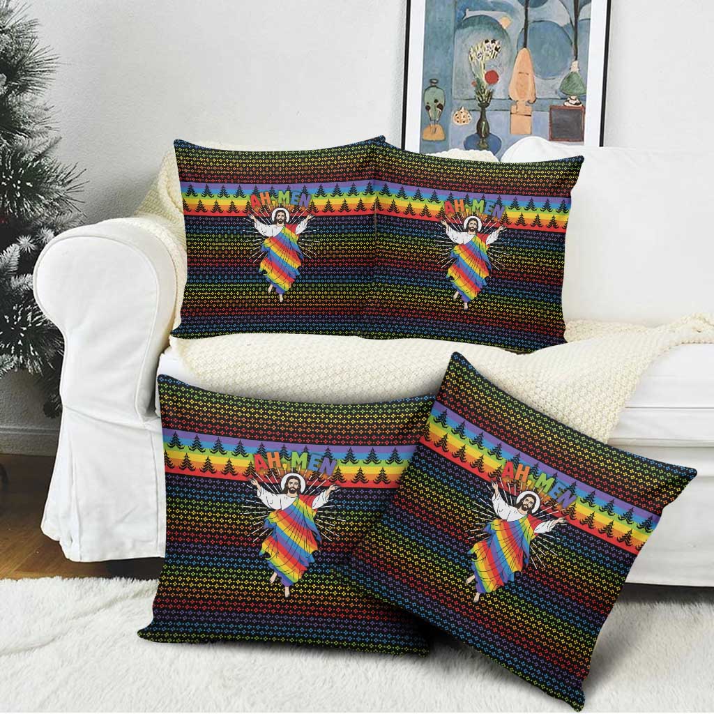 Rainbow Jesus Ah Men Christmas Pillow Cover with Colorful Stripes and Holiday Pattern - Wonder Print Shop