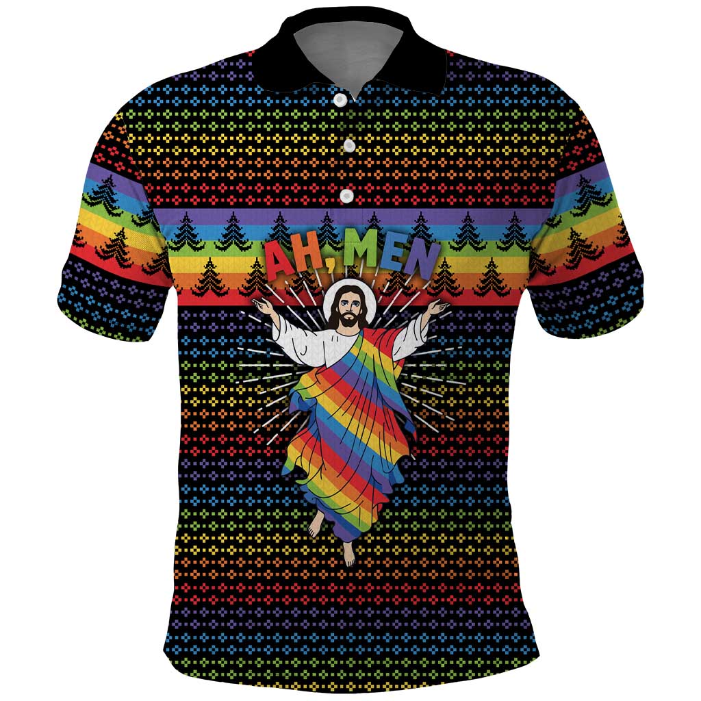 Rainbow Jesus Ah Men Christmas Polo Shirt with Colorful Stripes and Holiday Pattern - Wonder Print Shop