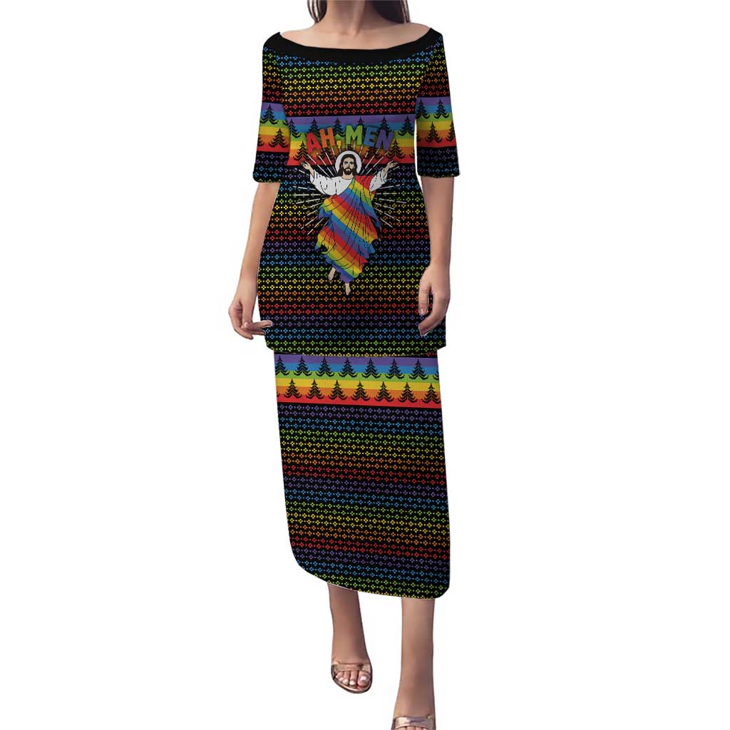 Rainbow Jesus Ah Men Christmas Puletasi with Colorful Stripes and Holiday Pattern - Wonder Print Shop