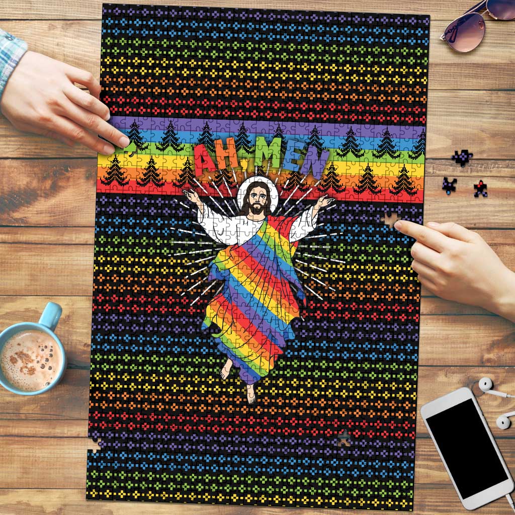 Rainbow Jesus Ah Men Christmas Puzzle with Colorful Stripes and Holiday Pattern - Wonder Print Shop