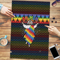 Rainbow Jesus Ah Men Christmas Puzzle with Colorful Stripes and Holiday Pattern - Wonder Print Shop