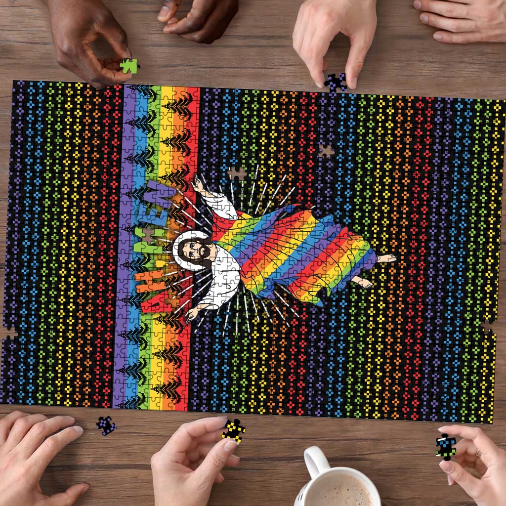Rainbow Jesus Ah Men Christmas Puzzle with Colorful Stripes and Holiday Pattern - Wonder Print Shop