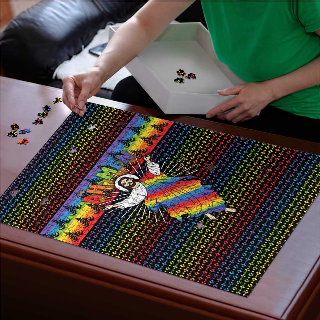 Rainbow Jesus Ah Men Christmas Puzzle with Colorful Stripes and Holiday Pattern - Wonder Print Shop