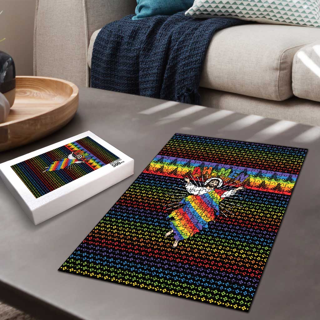 Rainbow Jesus Ah Men Christmas Puzzle with Colorful Stripes and Holiday Pattern - Wonder Print Shop