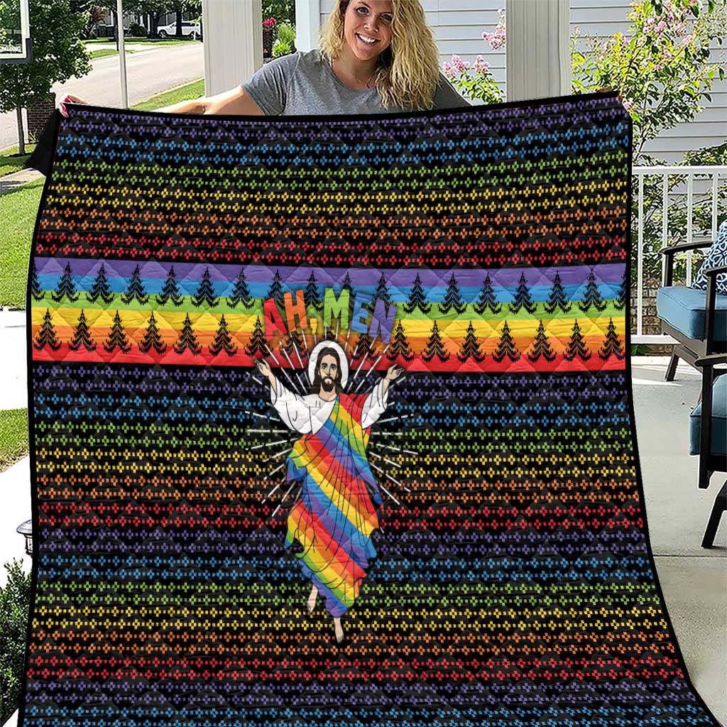 Rainbow Jesus Ah Men Christmas Quilt with Colorful Stripes and Holiday Pattern - Wonder Print Shop