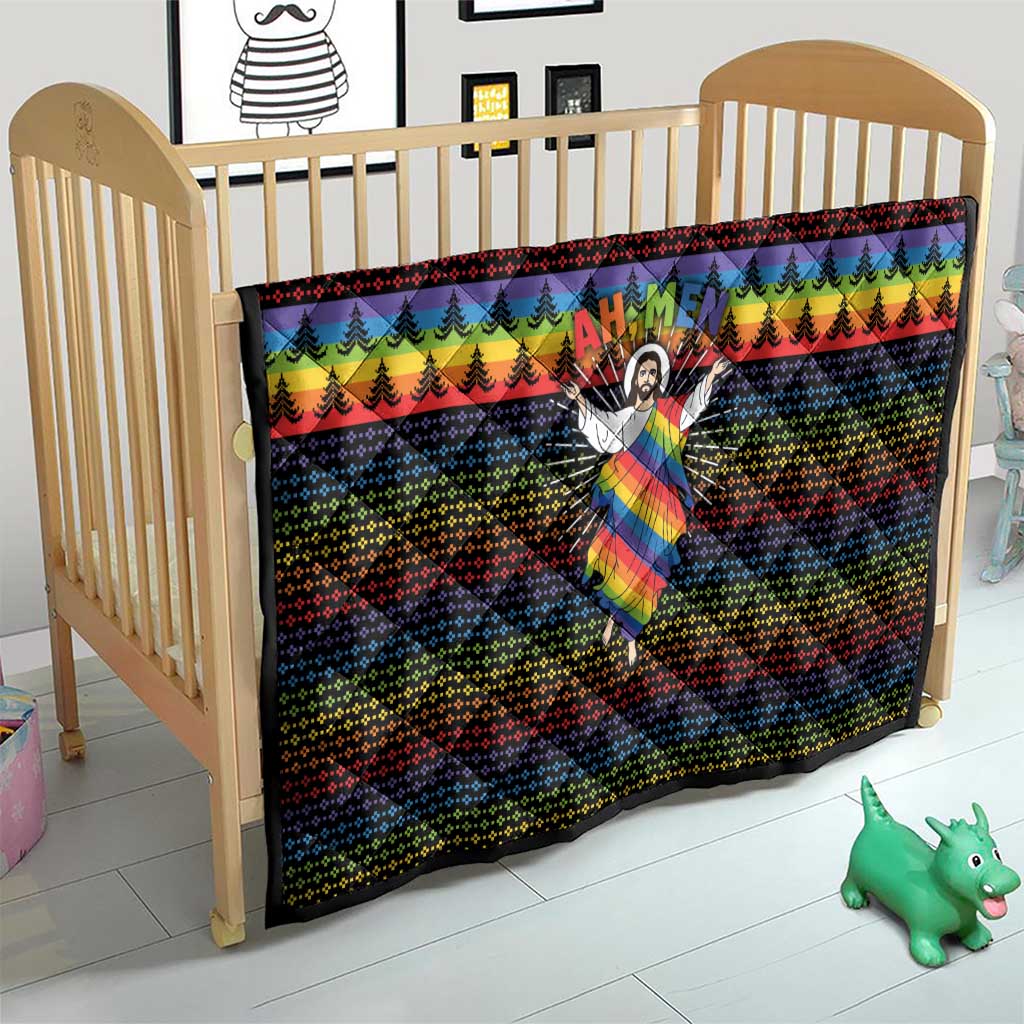 Rainbow Jesus Ah Men Christmas Quilt with Colorful Stripes and Holiday Pattern - Wonder Print Shop