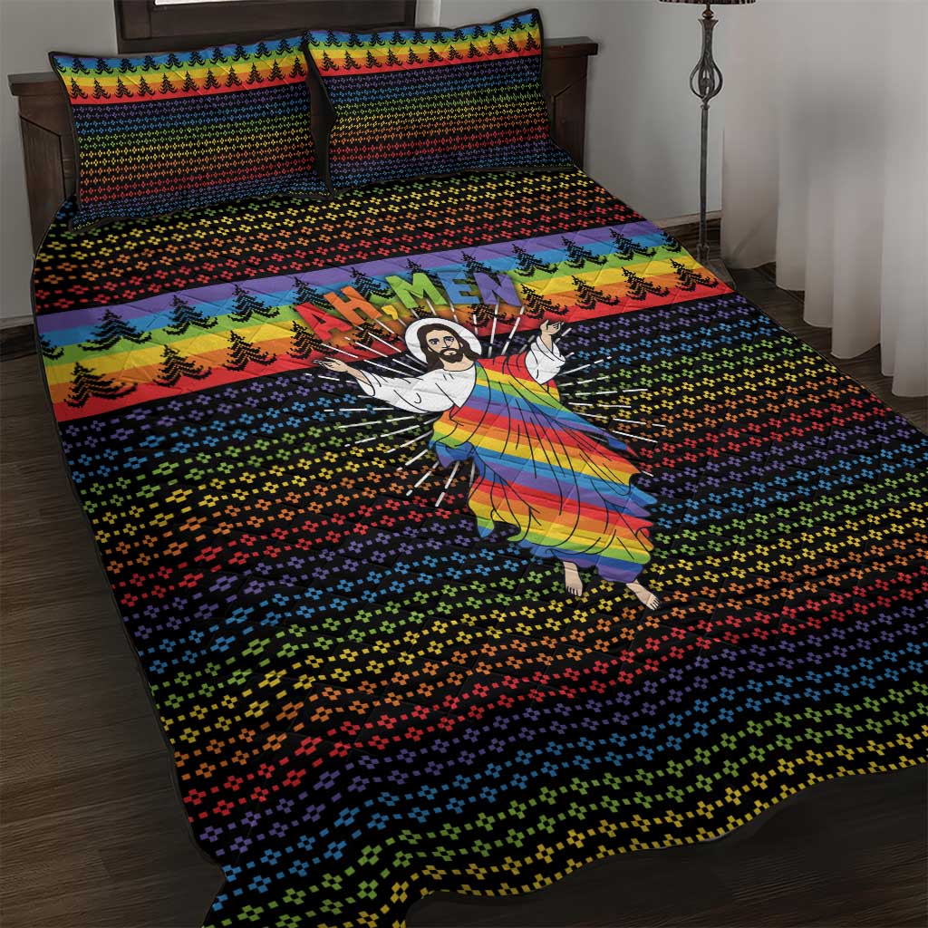 Rainbow Jesus Ah Men Christmas Quilt Bed Set with Colorful Stripes and Holiday Pattern - Wonder Print Shop