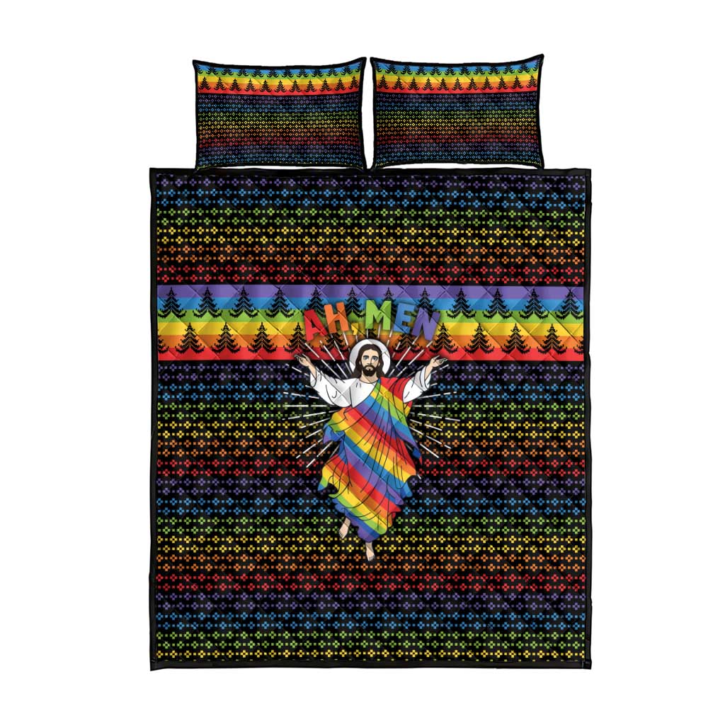 Rainbow Jesus Ah Men Christmas Quilt Bed Set with Colorful Stripes and Holiday Pattern - Wonder Print Shop
