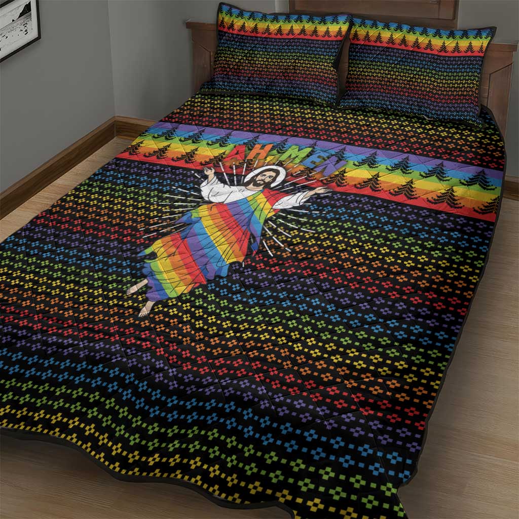 Rainbow Jesus Ah Men Christmas Quilt Bed Set with Colorful Stripes and Holiday Pattern - Wonder Print Shop