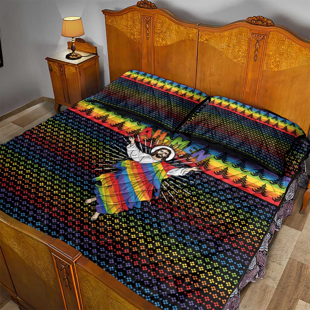Rainbow Jesus Ah Men Christmas Quilt Bed Set with Colorful Stripes and Holiday Pattern - Wonder Print Shop