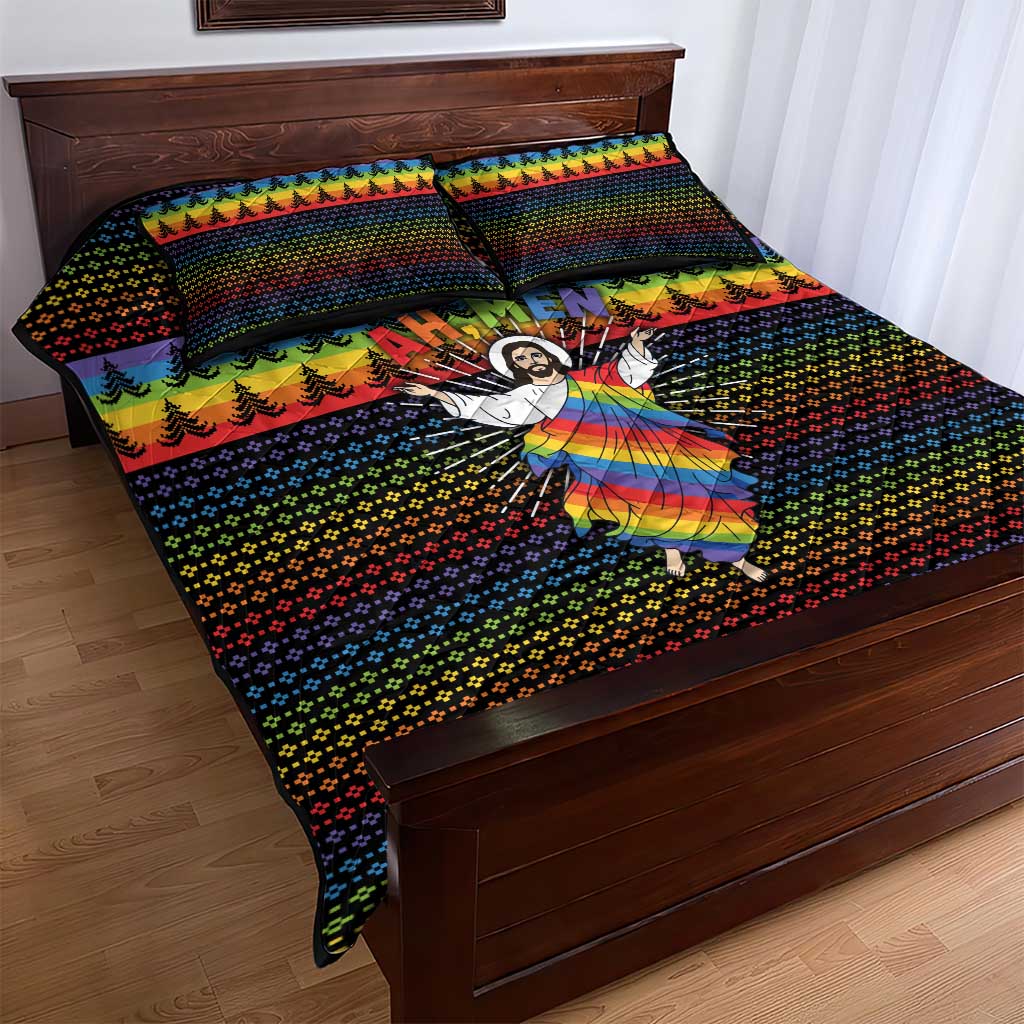 Rainbow Jesus Ah Men Christmas Quilt Bed Set with Colorful Stripes and Holiday Pattern - Wonder Print Shop