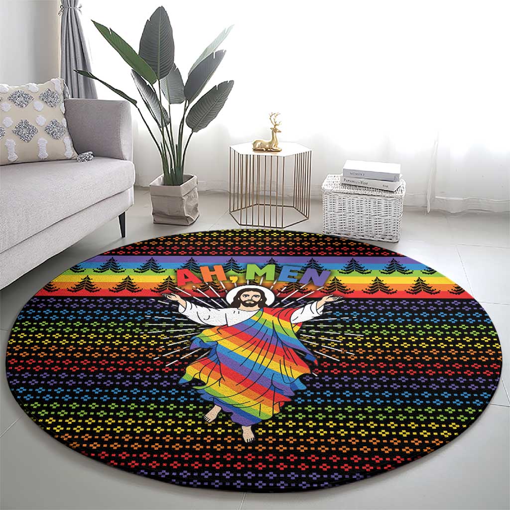 Rainbow Jesus Ah Men Christmas Round Carpet with Colorful Stripes and Holiday Pattern - Wonder Print Shop